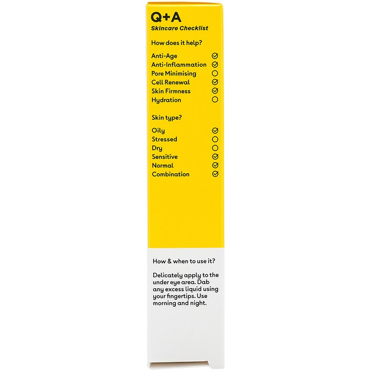 Q+A Caffeine Eye Serum 15 ml opstrammende øgonserum i gul papæske med vejledning til hudtype og brug