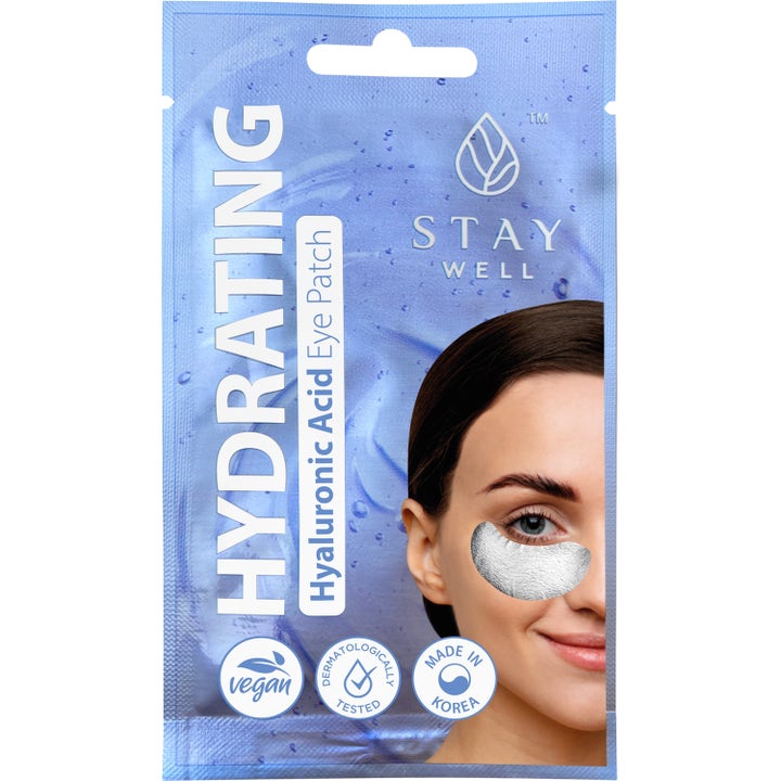 Stay Well Hydrating Hyaluronic Acid Eye Patch 1 par fugtgivende øjenmaske i lyseblå pose med hvidt teksturprint
