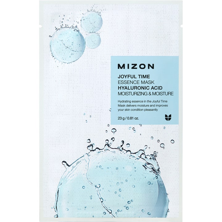 Mizon Joyful Time Essence Mask Hyaluronic Acid 23 g fugtgivende sheet mask i hvid og lyseblå indpakning med vanddråber