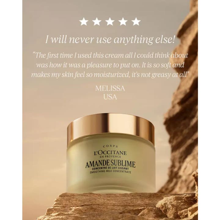 L'Occitane Almond Milk Concentrate 200 ml fugtgivende bodylotion i glaskrukke med guldlåg og kundeanmeldelse