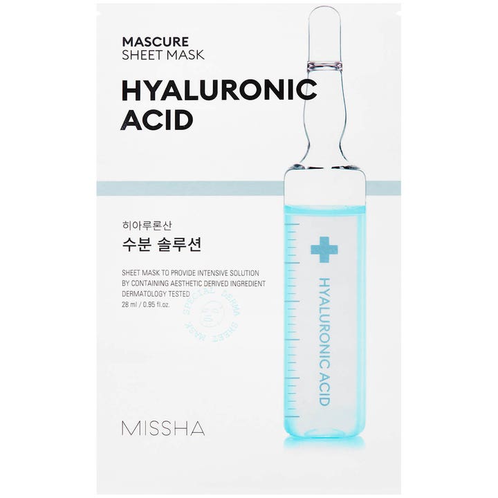 Missha Mascure Hyaluronic Acid Sheet Mask 28 ml giver intens fugt i hvid indpakning med illustration af blå ampul