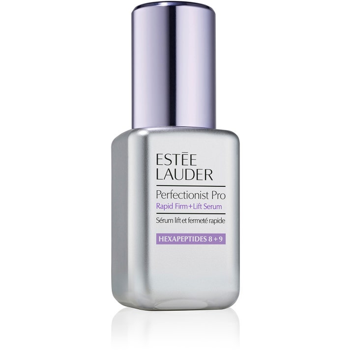 Estée Lauder Perfectionist Pro Rapid Firm + Lift Serum giver fastere hud i en sølvfarvet flakon med lilla låg
