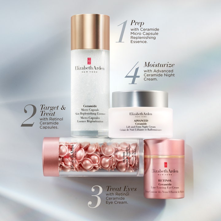 Elizabeth Arden Ceramide Lift & Firm Advanced Night Cream 50 ml opstrammende natcreme vist som trin 4 i en rutine.
