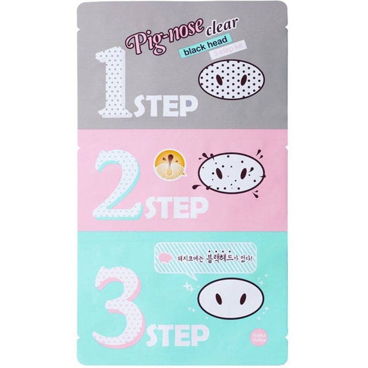 Holika Holika Pig-nose Clear Black Head 3-step Kit mod hudorme i tre-delt indpakning med grå pink og turkis farver