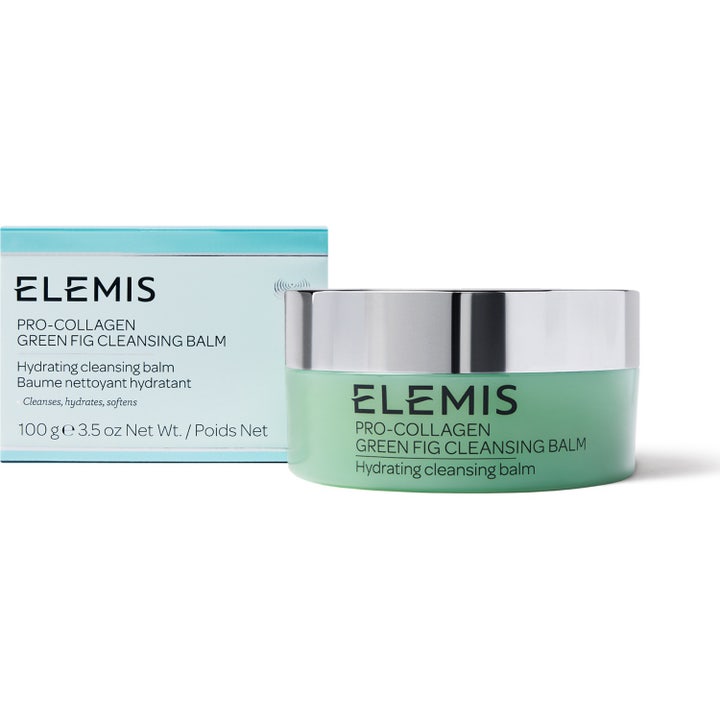 Elemis Pro-Collagen Green Fig Cleansing Balm 100 g fugtgivende ansigtsrens i grøn krukke med sølvlåg og æske