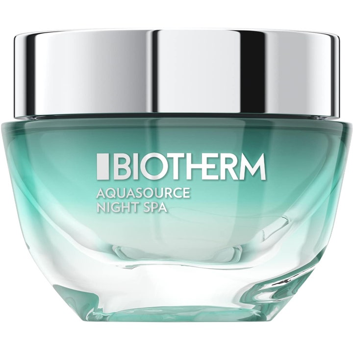 Biotherm Aquasource Night Spa 50 ml fugtgivende natcreme i en blå glaskrukke med et skinnende sølvlåg.