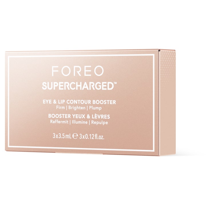 FOREO SUPERCHARGED Eye & Lip Contour Booster 10,5 ml serum i rosaguld æske der giver fasthed glød og fylde