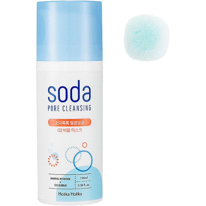 Holika Holika Soda Pore Cleansing O2 Bubble Mask 100 ml i hvid flaske med lyseblåt låg og boblende tekstur