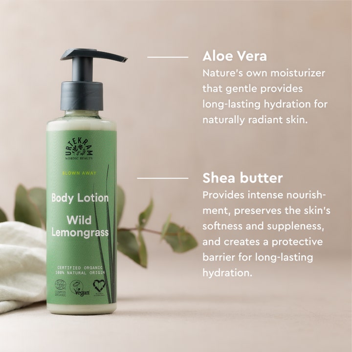 Urtekram Body Lotion Wild Lemongrass 245 ml fugtgivende kropspleje med aloe vera og sheasmør i praktisk pumpeflaske