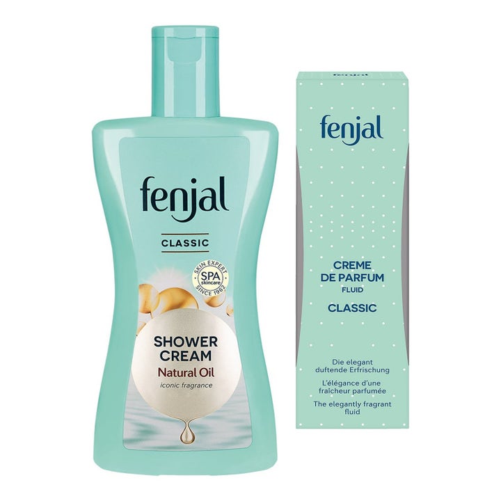 Fenjal Classic Shower Cream plejende badecreme i turkis flaske og æske med hvide prikker