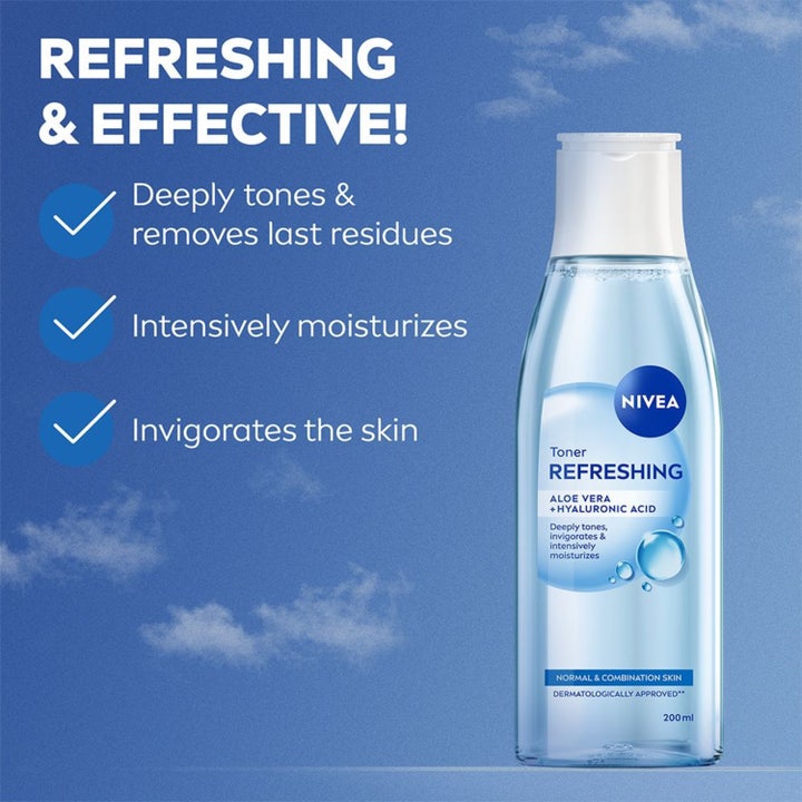 NIVEA Refreshing Toner 200 ml fugtgivende skintonic i lyseblå gennemsigtig flaske til normal og kombineret hud