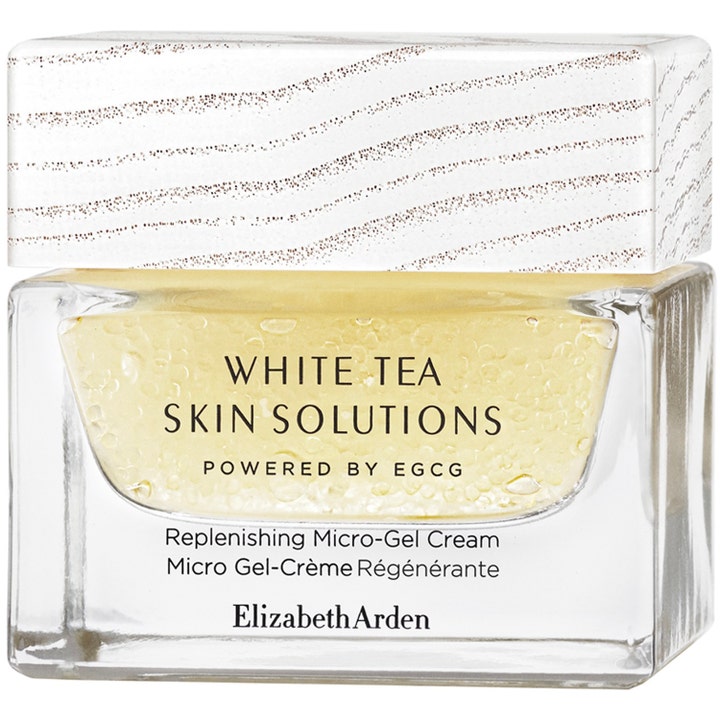 Elizabeth Arden White Tea Replenishing Micro-Gel Cream fugtgivende ansigtscreme i glaskrukke med gul gel og mønstret låg.