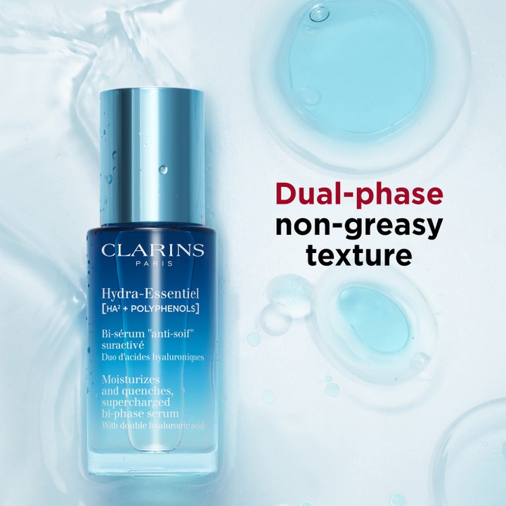 Clarins Hydra-Essentiel Bi-Phase Serum 30 ml fugtgivende serum i blå glasflaske med let vandet tekstur