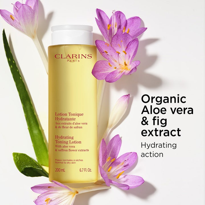 Clarins Hydrating Toning Lotion 400 ml fugtgivende toner med aloe vera blad og lilla safranblomster