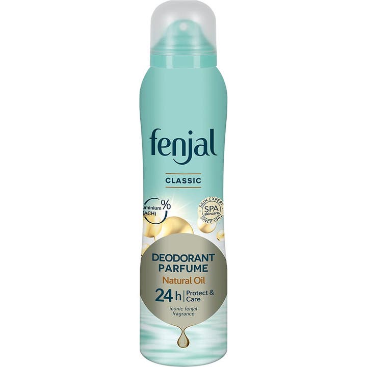 Fenjal Classic Deodorant Parfume beskyttende deodorant spray i turkis flaske med hvidt låg og gyldne oliedråber