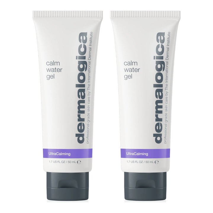Dermalogica Calm Water Gel 50 ml beroligende ansigtsgel i to hvide tuber med lilla detaljer og gråt låg