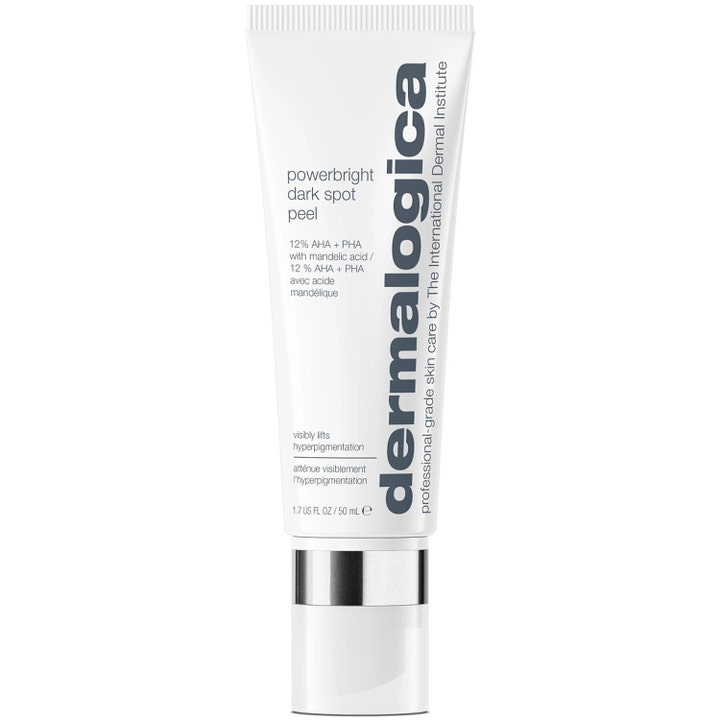 Dermalogica Powerbright Dark Spot Peel 50 ml eksfolierende ansigtspeeling mod hyperpigmentering i hvid tube med sølvlåg
