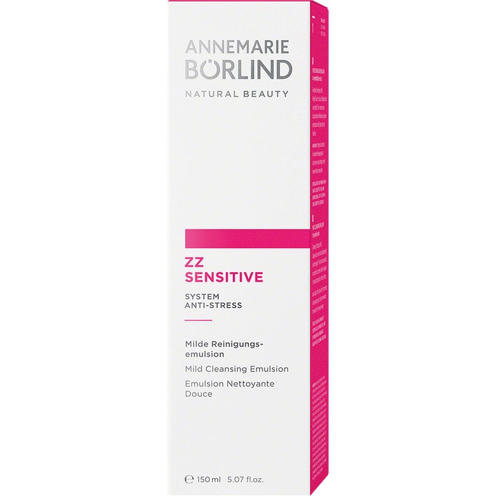 Annemarie Börlind ZZ Sensitive Mild Cleansing Emulsion 150 ml beroligende ansigtsrens i hvid æske med pink detaljer.
