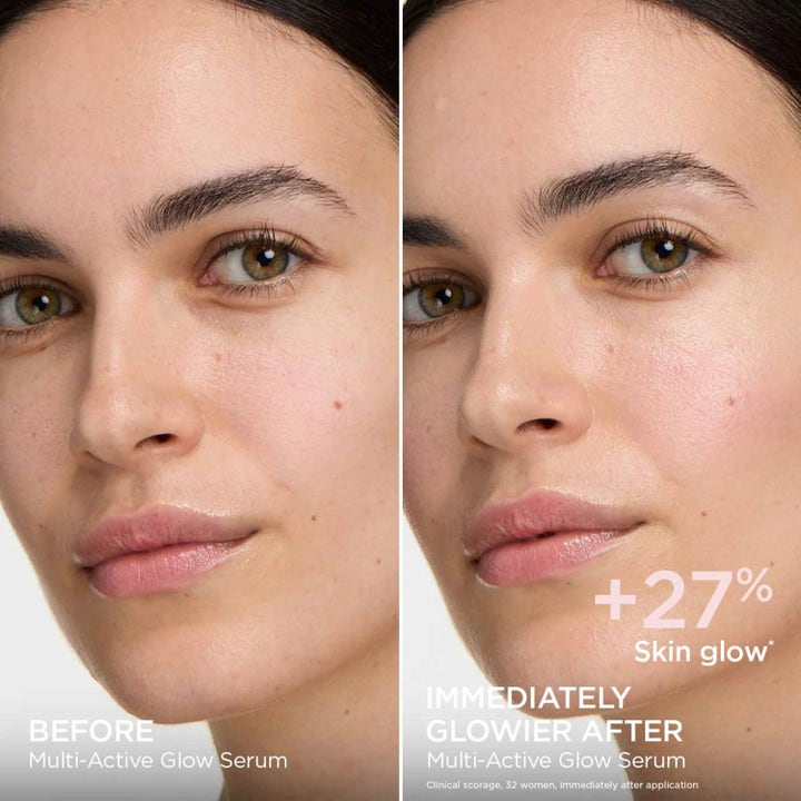 Clarins Multi-Active Glow Serum 30 ml hudforfinende serum giver mere glød vist på før og efter billeder af ansigtet.