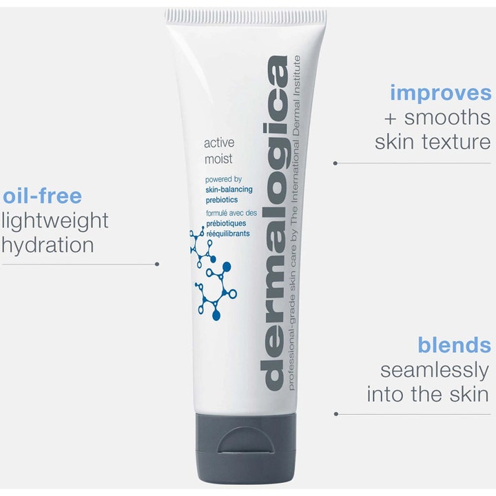 Dermalogica Active Moist 50 ml dagcreme i hvid tube som giver oliefri hydrering og udglatter hudens tekstur.