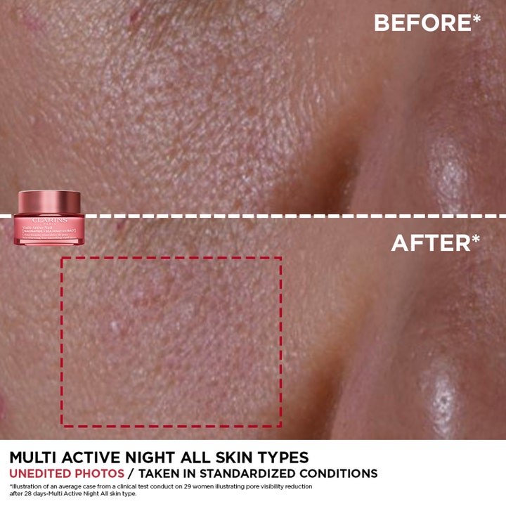 Clarins Multi-Active Nuit 50 ml nattcreme viser før og efter resultat af forbedret hudstruktur og porer.