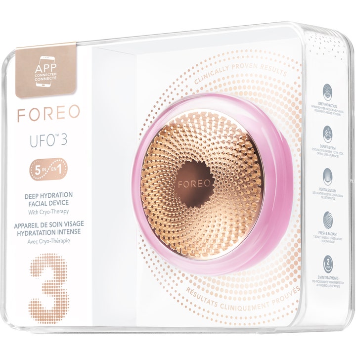 FOREO UFO 3 Pearl Pink 1 stk fugtgivende ansigtsapparat i gennemsigtig emballage med guldfarvet detalje