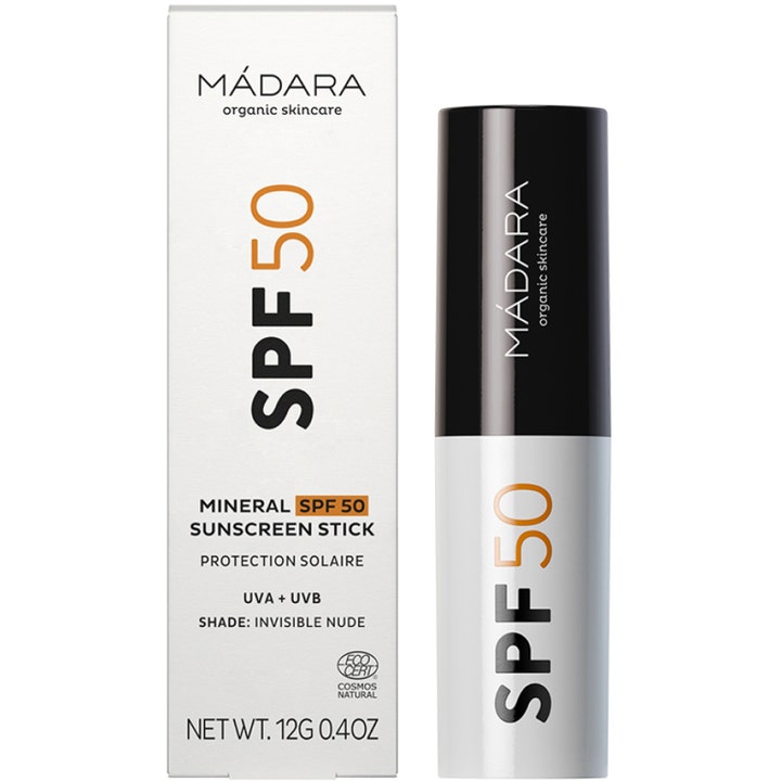 MÁDARA Mineral SPF50 Sunscreen Stick 12 g solcreme til ansigtet i hvid æske og stift med sort top og orange tekst.