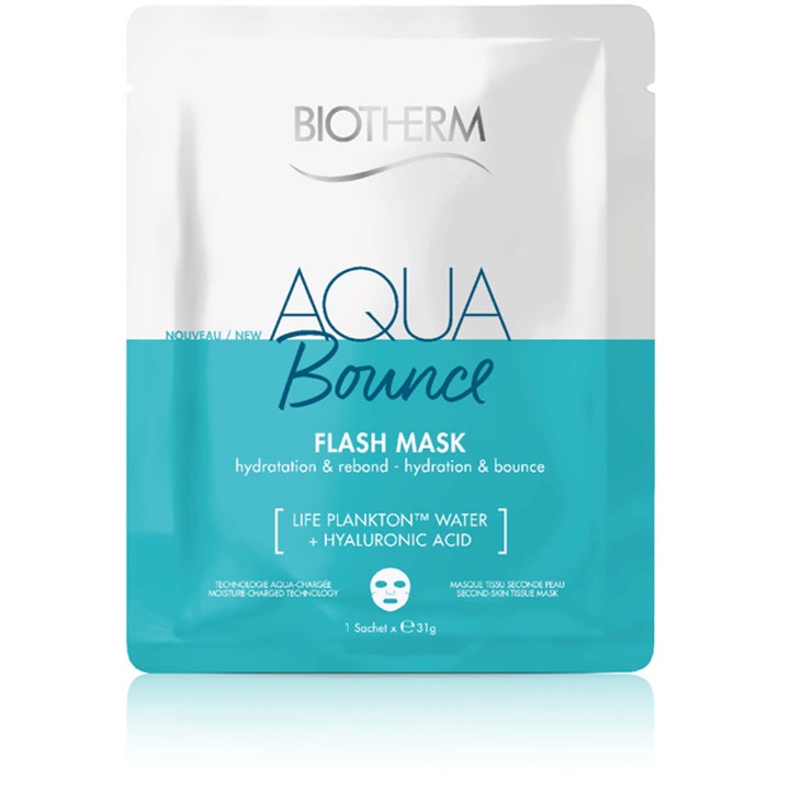 Biotherm Aqua Bounce Flash Mask 31 g fugtgivende sheetmaske i blå sachet med hyaluronsyre der giver spændstighed