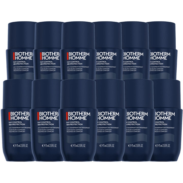 Biotherm Homme Day Control 12x75 ml roll-on deodorant giver 48 timers beskyttelse i to rækker mørkeblå beholdere