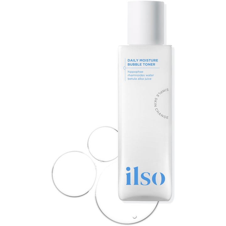 ilso Daily Moisture Bubble Toner 200ml fugtgivende skintonic i hvid flaske med blå tekst og klare væskedråber