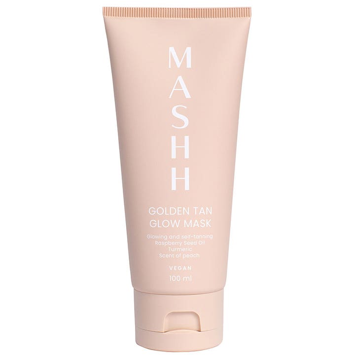 Mashh Golden Tan Glow Mask 100 ml selvbruner ansigtsmaske der giver glød i ferskenfarvet tube med hvid tekst.