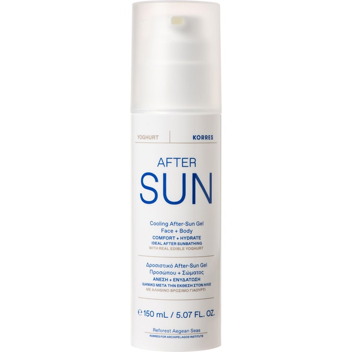 Korres Yoghurt After Sun 150 ml kølende gel i hvid pumpeflaske der lindrer og fugter huden efter sol