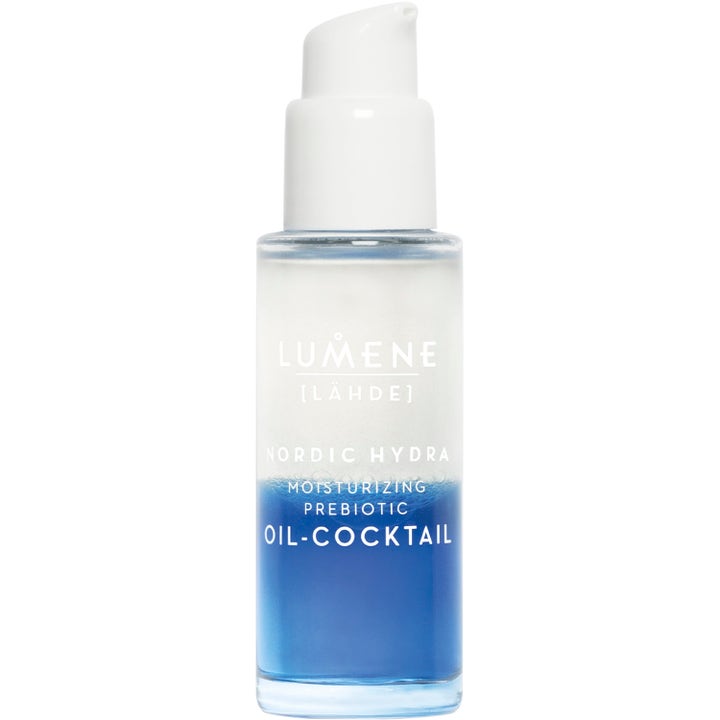 Lumene Nordic Hydra Oil-Cocktail 30 ml fugtgivende serum med tofaset blå og klar væske i flaske med hvid pumpe