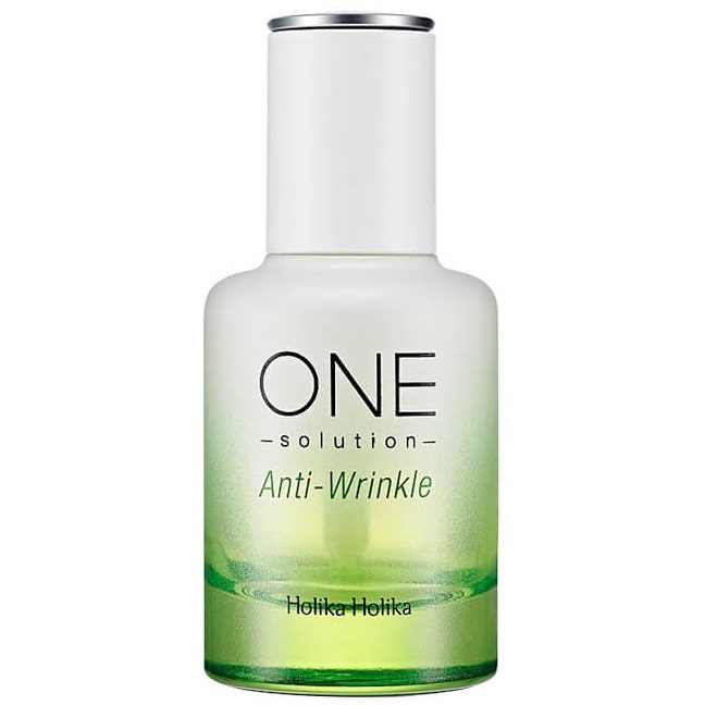 Holika Holika One Solution Anti-Wrinkle serum mod rynker i en frostet glasflaske med hvidt låg og grøn gradient