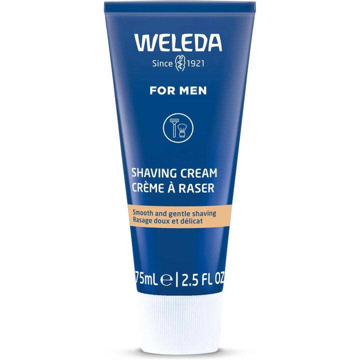 Weleda For Men Shaving Cream 75 ml beroligende barbercreme i mørkeblå plastictube med hvidt skruelåg.