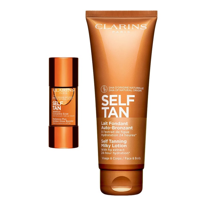 Clarins Self Tan Milky Lotion og Radiance-Plus Golden Glow Booster giver solkysset glød i bronzefarvet tube og flaske.