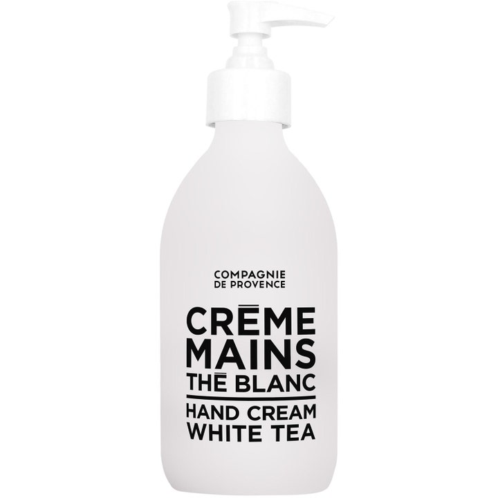 Compagnie de Provence White Tea Hand Cream plejende håndcreme i hvid mat glasflaske med hvid pumpe og sort tekst.