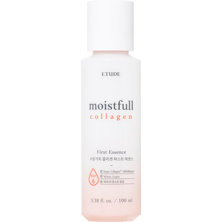 Etude Moistfull Collagen First Essence 100 ml fugtgivende ansigtsessens i hvid flaske med ferskenfarvet graduering