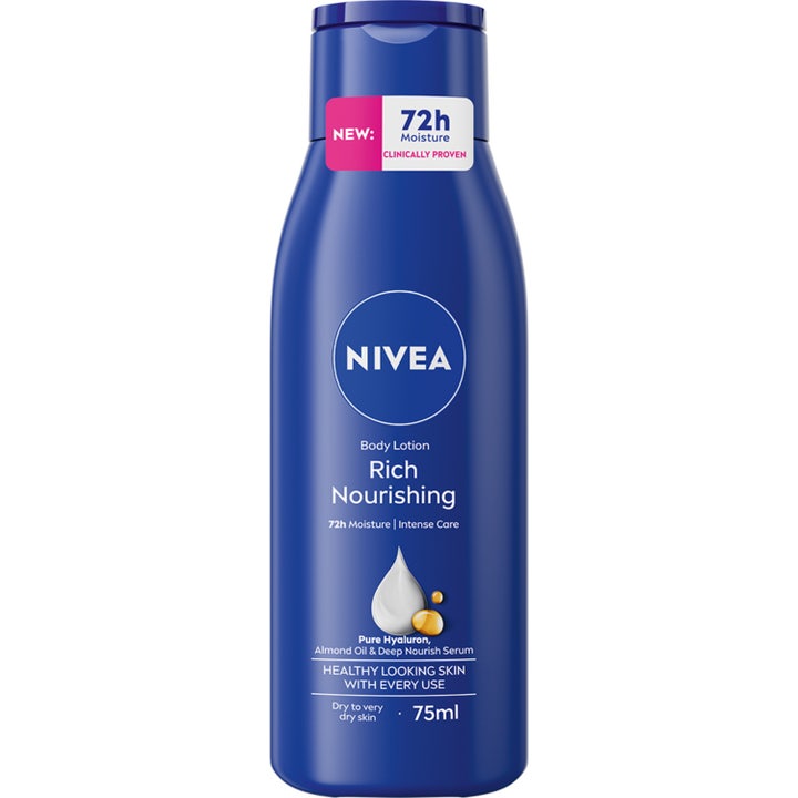 Nivea Rich Nourishing Body Lotion 75ml fugtighedscreme i blå flaske med mandelolie og hyaluronsyre