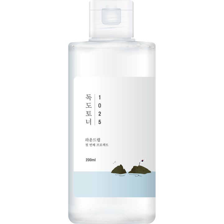 Round Lab 1025 Dokdo Toner 200ml fugtgivende toner i klar plastflaske med hvid etiket og ø-illustration