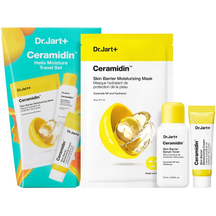 Dr. Jart+ Ceramidin Hello Moisture Travel Set med fugtgivende ansigtspleje i gul og hvid emballage
