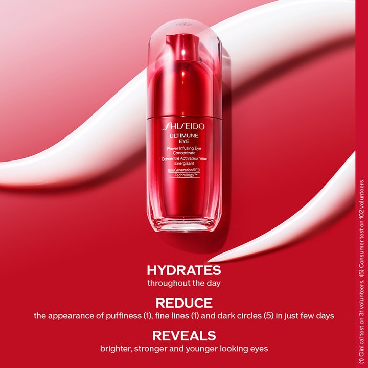 Shiseido Ultimune Power Infusing Eye Concentrate 15 ml øjencreme mod mørke rande i rød flaske med hvid tekstur