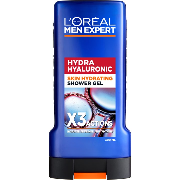 L'Oréal Men Expert Hydra Hyaluronic Skin Hydrating Shower Gel i blå plastflaske med rød etiket.