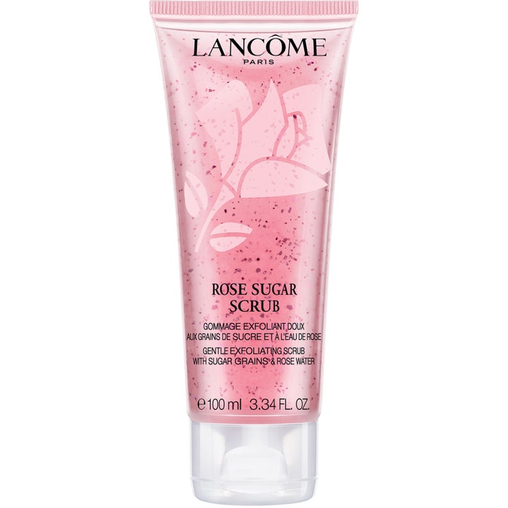 Lancôme Rose Sugar Scrub 100 ml blødgørende ansigtsscrub i gennemsigtig tube med lyserød geltekstur og sukkerkorn