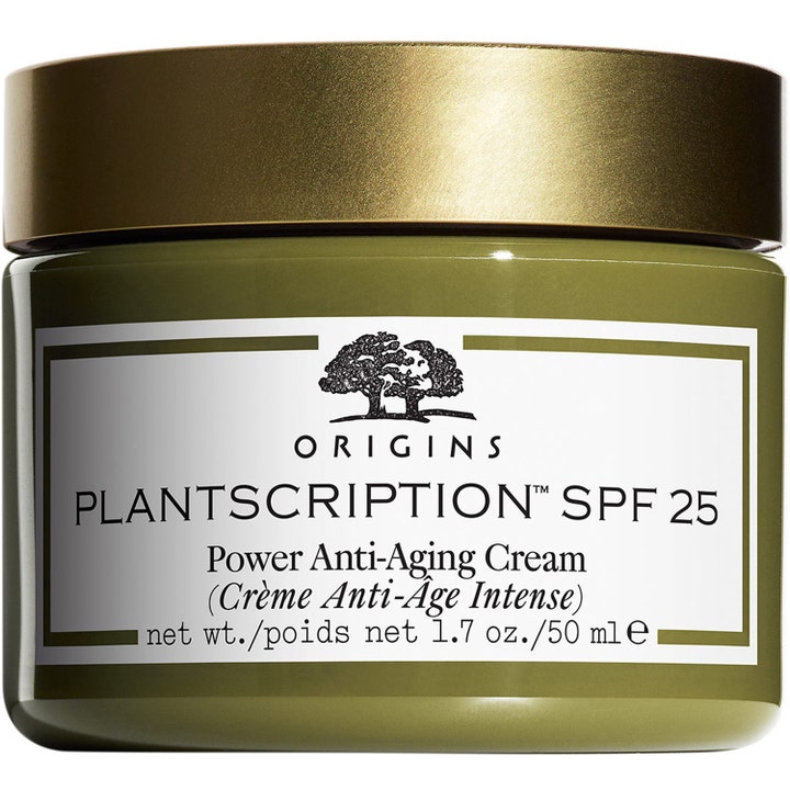 Origins Plantscription SPF 25 Power Anti-Aging Cream 50 ml mod rynker i en olivengrøn krukke med elegant guldlåg