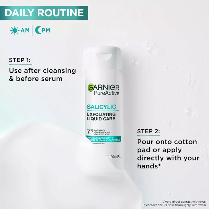 Garnier PureActive Salicylic Exfoliating Liquid Care 120 ml ansigtspleje i hvid flaske med instruktioner