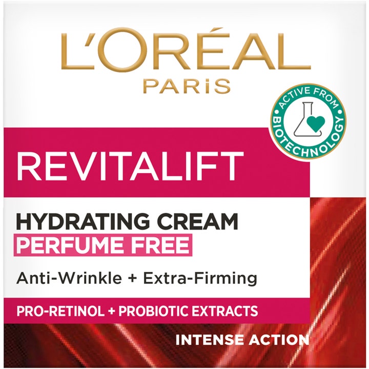 L'Oréal Paris Revitalift Hydrating Cream 50 ml parfumefri dagcreme i hvid æske med pro-retinol og pink detaljer