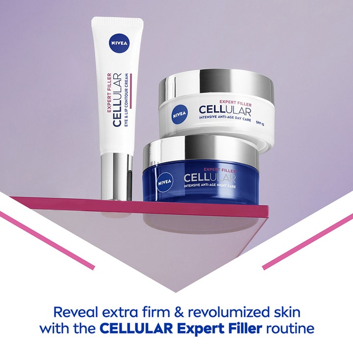 NIVEA Cellular Expert Filler Night Cream 50 ml anti-age rutine med dagcreme og øjencreme på lyserød baggrund.