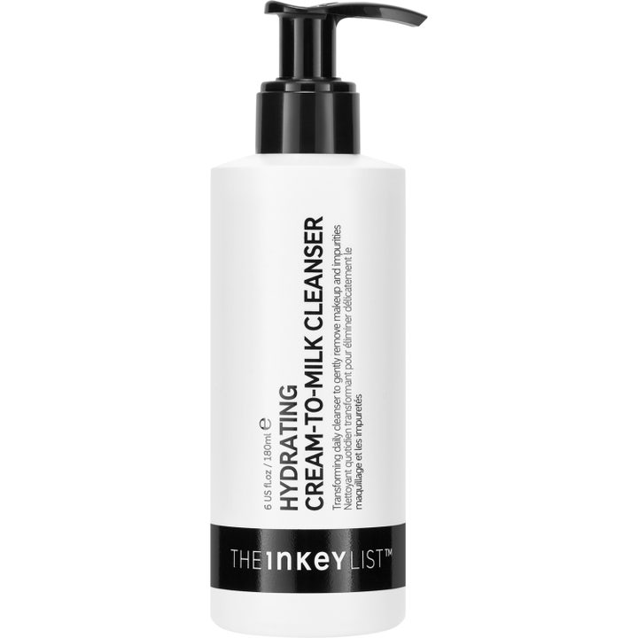 The Inkey List Hydrating Cream-to-Milk Cleanser 180ml fugtgivende rens i hvid flaske med sort pumpe der fjerner urenheder