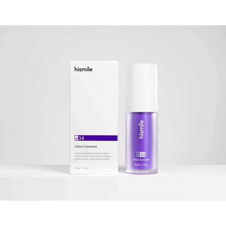 Hismile V34 Colour Corrector 30 ml tandblegning neutraliserer gule toner i lilla serumflaske med hvid æske
